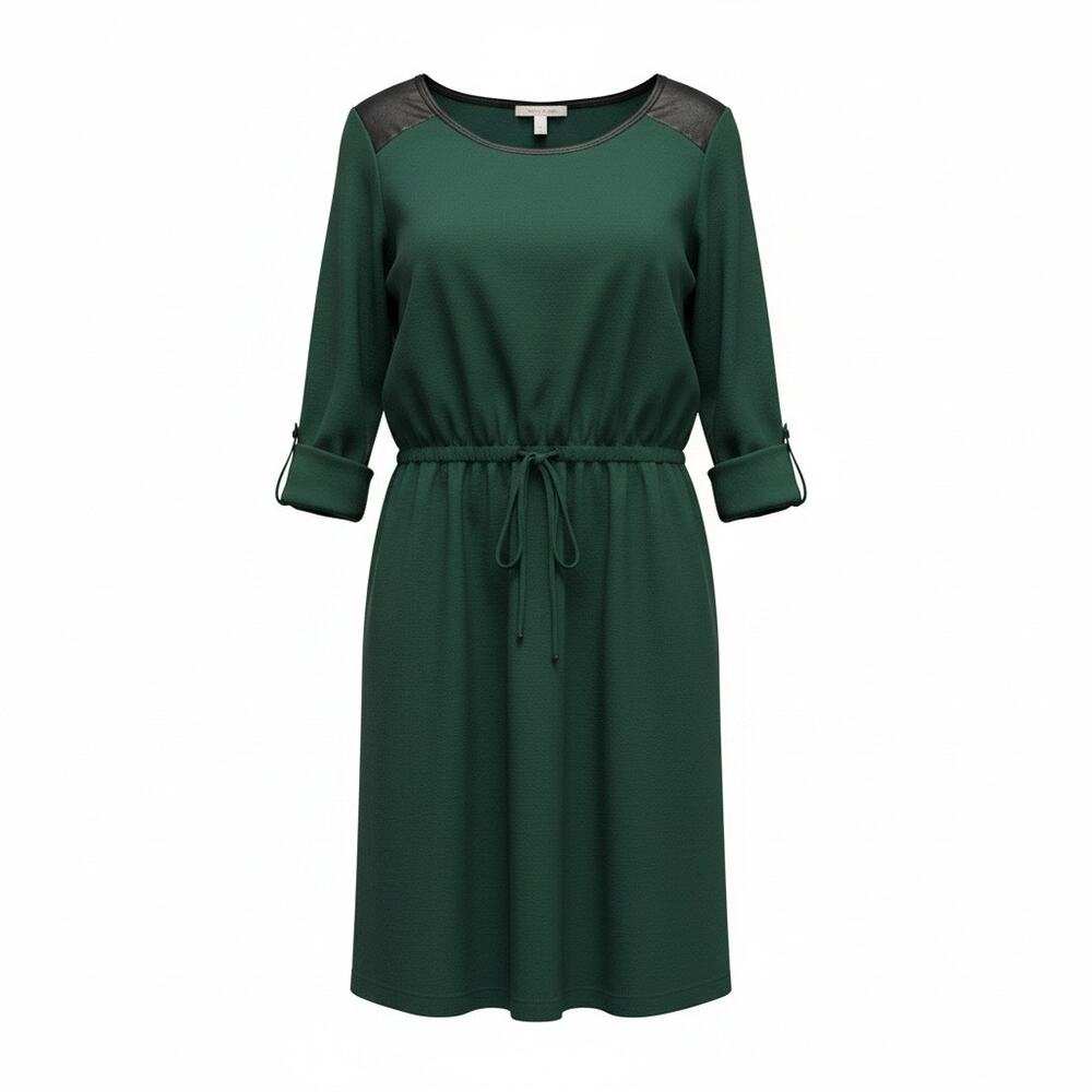 Derek Heart Women’s Large Green Knit Dress Faux Leather Shoulder 3/4 Sleeve